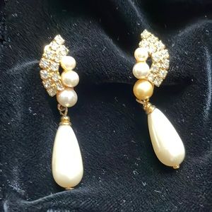 Elegant Faux Pearl & Rhinestone Drop Earrings. C. 1989
